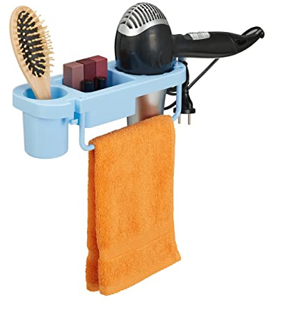 Relaxdays Hairdryer Without Drilling, Plastic, Cable Holder & Shelves, Wall, HxWxD 9x30x10,5 cm, Blue, 9x30x10.5 cm