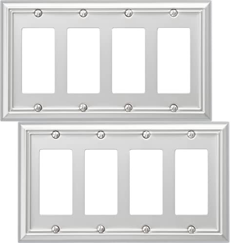 OKAWYC Quadruple Decorator Light Switch Cover Adler Metal Wall Plate, 2-Pack Brushed Nickel 4 Gang Quadruple Rocker, for Receptacle Dimmer Switch GFCI Outlet Switch Cover Decorative Wallplate, Durable