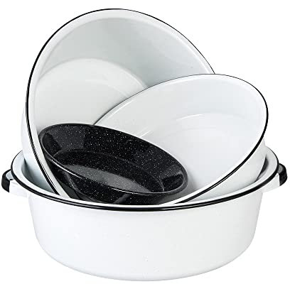 Granite Ware Juego de sartenes apilables de esmalte multiusos con molde para tartas (blanco moteado) Enlatado multiusos, utensilios para hornear, cuencos de conserva, aptos para lavavajillas. Fácil de