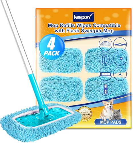 KEEPOW Reusable Pads for Flash Speed Mop Refill Wipes, Microfiber Wet Dry Refills for Flash Speed Mop Starter Kit, Machine Washable Up to 100x (4 Pack)
