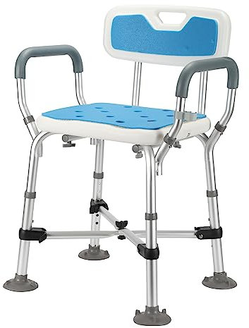 Yakimz Duschhocker für Senioren, Höhenverstellbar 40-53cm, Duschstuhl mit Doppelt Verstärktem Querbalken und rutschfeste Matte, Badhocker Mit Kissen, Rückenlehne und Armlehne, Duschsitz bis 180kg