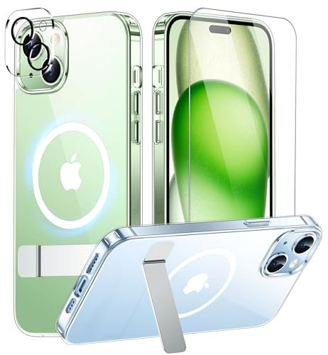 SPIDERCASE Magnetic for iPhone 15 Plus Case/iPhone 14 Plus Case, with 2 Pcs [Tempered Glass Screen Protector+Camera Lens Protector][Military Drop Protection] Kickstand Slim Thin Case,Clear