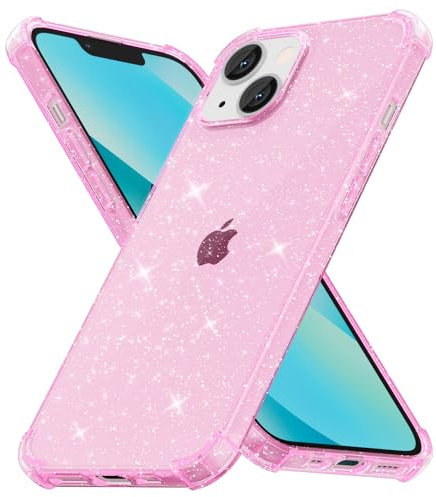Svanove for iPhone 13 Mini Case Clear Glitter, Cute Sparkle Bling Sparkly Shiny Cover for Women Girly Aesthetic Design, Transparent Thin Slim Flexible Soft TPU Bumper, Non-Yellowing, Pink