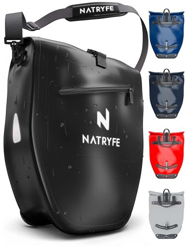 NATRYFE Fahrradtasche für Gepäckträger - 28L Volumen, 100% Wasserdicht & Robust - Mit Reflektoren & Schultergurt - Bombenfester Halt an jedem Gepäckträger - Ideale Gepäckträgertasche