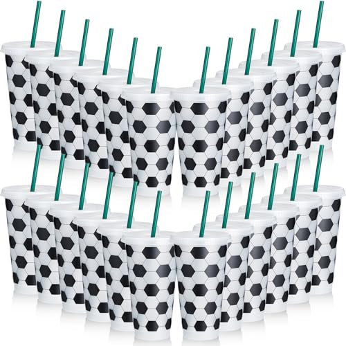 Uiifan 24 Pcs Plastic Soccer Cups Reusable Soccer Tumbler with Lid and Straw Soccer Gifts for Coach Soccer Fan Men Women Soccer Party Favors Sports Themed Party Decoration (24 oz)