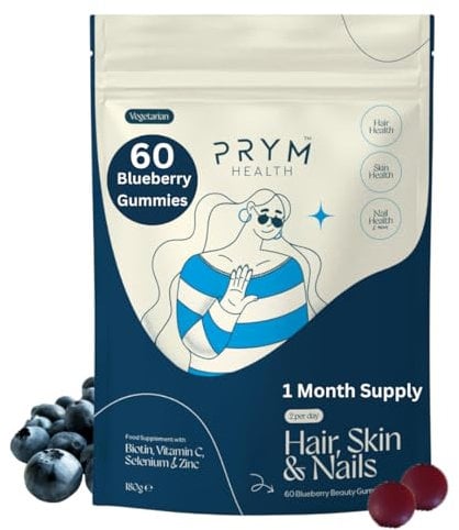 Prym Health Blueberry Hair Skin Nails Gummies | Hair Nails and Skin Vitamins | Hair Gummies for Women & Men | Biotin Hair Vitamins | Hair Growth Gummies | 60 Vegan Gummies | 1 Month Supply