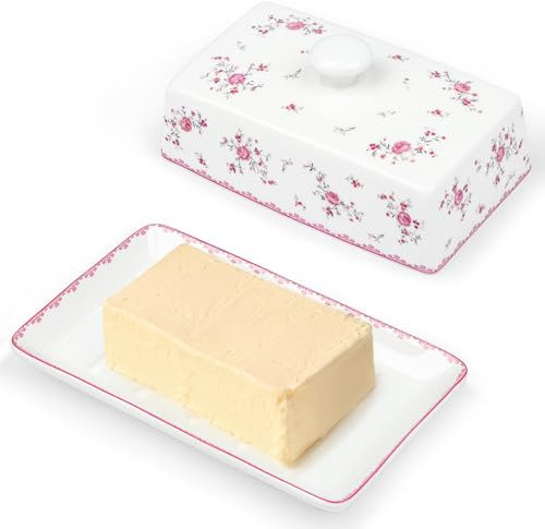 fanquare Fleurs Roses Boîte à Beurre en Céramique avec Couvercle et Poignée pour 250 g de Beurre, Grand Beurrier Porcelaine, Beurrier de Qualité Supérieure