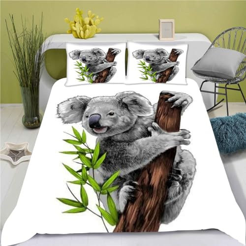 Fadaing Koala Bettwäsche 135x200 Koala in Wildnis Bettwäsche Set Niedlicher Karikatur Zoo Bettbezug Set KinderBettwäsche Jugendliche (135 x 200 cm,1)