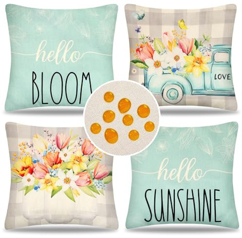 HomeStilez Kissenbezug 45x45cm Blau Frühling Blumen wasserdichte Kissenhülle Bauernhaus Bunte Dekokissen Buffalo Plaid Bauernhaus Bunte Dekokissen für Sofa Couch Outdoor Garten Balkon Zuhause 4er Set
