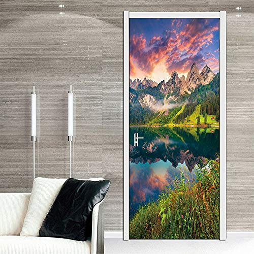 Autocollant de Porte Paysage de montagne Décoration Autocollants De Porte Imperméable Amovible Autocollants Enfants Adulte Chambre Salon Porte Poster L83 x H204cm