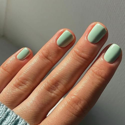 Ceboic 24Pcs Français Faux Ongles Court Press on Nails Couleur Pure Ballerine Acrylique Couverture Complète Ongles à Coller Naturel Faux Ongles pour Femme et Fille DIY Manucure (Vert Clair)