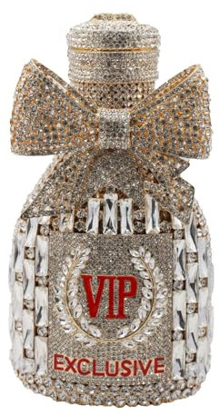 UMREN Women Champagne Bottle Rhinestone Evening Bag Sweet Bow Crystal Purse Clutch Unique Handbag Cocktail Party Shoulder Bag, Gold