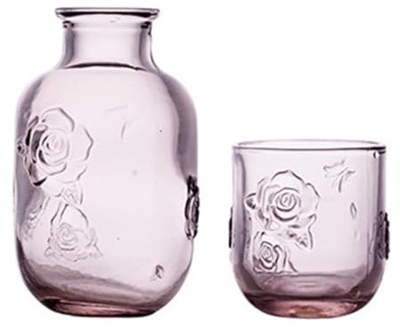 LCORMAG Rose Flower Vintage Bedside Water Carafe Set, 15 oz Clear Glass Water Carafe for Bedroom Nightstand, Night Stand Fruit Juice Pitcher, Mouthwash Decanter (Pink)
