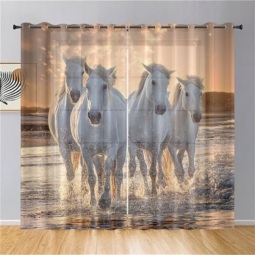 Surwin Gardinen mit Ösen, Tier-Serie 2er Set Vorhänge, Modern Transparent Vorhänge Wohnzimmer Polyester Gardinen Küche Fenster Wohnzimmer Schlafzimmer (140x244cm,Weißes Pferd)