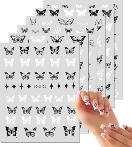 Prasacco 6 Blätter Schmetterling Nagelsticker, 3D Schmetterlings Nagel Aufkleber Selbstklebende Schmetterlings Nagelkunst Aufkleber Schmetterling Nail Art Stickers für Damen Mädchen (Schwarz, Weiß)
