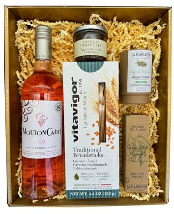 Coffret Or : Mouton cadet Rosé - La Plantation : Mélange Fleurs de sels et épices citronées & Sauce poivre Kampot - Gressin - Tapenade