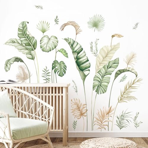 Supzone Stickers Muraux Plantes Tropicales - Autocollant Mural Jungle avec Palmier & Feuillage Exotique - Déco Murale Moderne Amovible sans Trace pour Chambre Enfant/Salon/Bureau