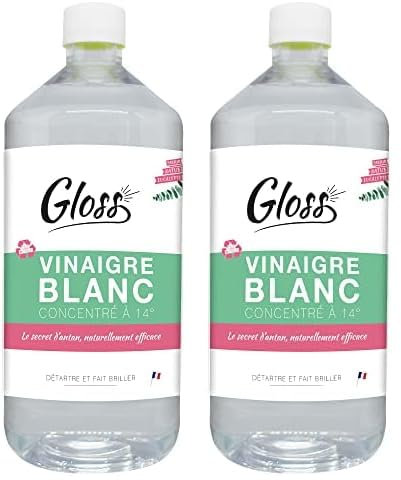 GLOSS- Vinaigre blanc liquide - Nettoie, Détartre, Détache, Dégraisse et Fait briller- Concentration à 14°- Parfum eucalyptus- 100% naturel- Compatible contact alimentaire- 1L - Fabrication française