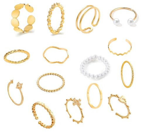 LOCCY 12-16PCS Vintage Silber/Gold Knuckle Ringe Set für Frauen Teen Girls, Boho Snake Stackbare Fingerringe Verstellbarer Böhmisch Stapelbare Gelenkfinger Ringe (Gold Set-15-A)