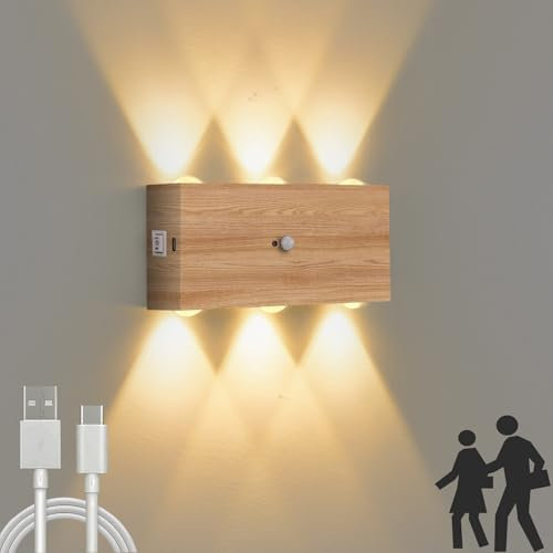 VOMI LED Wandlampe Akku USB Aufladbar mit Bewegungsmelder für Innen, Wandleuchte Ohne Stromanschluss mit 4000mAh Batterie, 6W Up Down Leuchte Holzmaserung Magnetische Wandleuchte für Flur