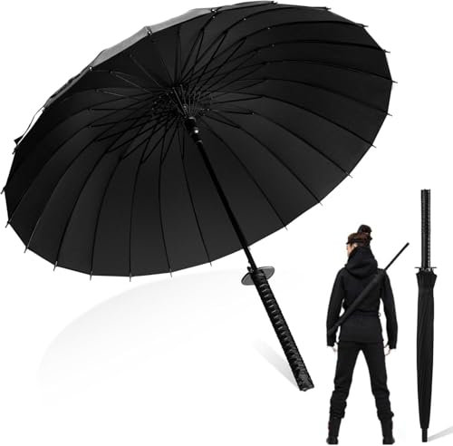 SVELNIO Paraguas Katana Grande Samurai con Mango Largo Negro Paraguas Impermeable con 24 Varillas