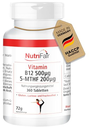 Vitamin B12 500μg 5-MTHF 200μg - 360 tabletter - metylkobalamin - aktiv folsyra - högdos - 100% vegan - tysk produktion och laboratorietestning - NutriFair | Premium & Fair