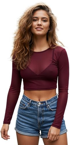STAR FASHION Sheer Mesh Crop Top for Womens Stretchy Cropped Mesh Top Long Sleeve Crew Neck Ladies See Through Tops Clubwear Wine 8-10
