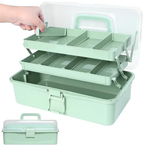 SDLDEER Storage Box with Compartments, 3 Layer With 2 Trays Craft Organiser Storage Box With Lid And Handle, Plastic Tool Boxs Medicine/Sewing Hair Accessories Organiser (Green)
