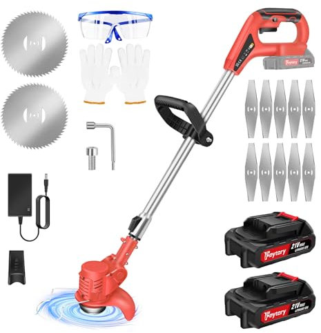 Tondeuse électrique sans Fil 21V 1500Ah (avec 2 Batteries et Chargeur Rapide) avec 10 Lames métalliques et 2 Lames de scie Circulaire 6 pour tondre Les pelouses et Les Jardins, Rouge,