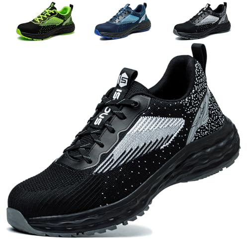 Zapatos De Seguridad Hombre Mujer Calzado de Trabajo con Punta de Acero Ligero Comodo Zapatillas Seguridad Transpirables Negro EU 39