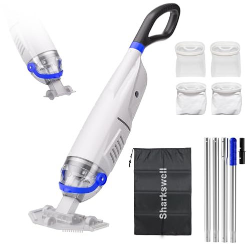 Sharkswell Aspirateur de piscine sans fil avec manche télescopique, aspiration puissante de 60 minutes et tête transparente, nettoyeur portable rechargeable pour piscines hors sol, piscines creusées
