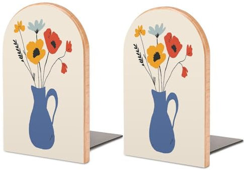 1 paire de serre-livres personnalisés en bois avec base en métal, motif fleurs en pot, serre-livres modernes et résistants, pour la maison ou le bureau