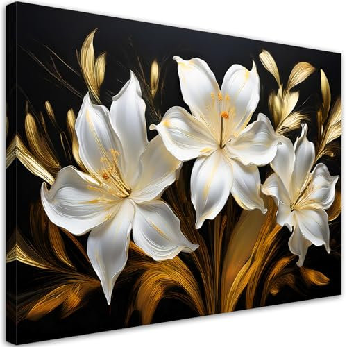 Feeby Leinwand Bilder - Bild Wohnzimmer - Abstrakt Weiße Lilien Blumen - 120x80 1tlg - Deko Schlafzimmer Groß - Dekoration Canvas - Gemälde - Modern Wandbilder - Kunstdruck