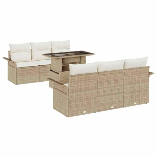 vidaXL Garten-Sofa-Set mit Kissen 7 pcs Beige Poly Rattan, Outdoor Lounge, modulares Sitzen, rechteckige Gartenmöbel, wetterfest, anpassbare Füße, modernes Design