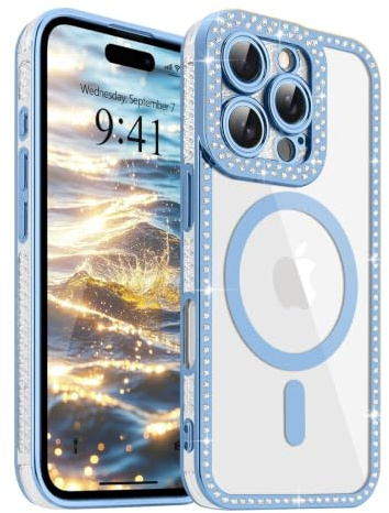 ROSEHUI Magnetic Glitter Clear Case for iPhone 16 Pro, Blue | Compatible with MagSafe, Camera Protection, Cute Phone Cover for Women Girls, Bling Rhinestones Diamonds, Soft TPU Shockproof