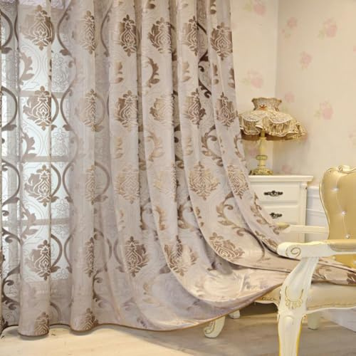 Vintage Vorhang Halbtransparent Ösen 3D Tufted Barock Gardinen Wohnzimmer | Braun Vorhäng Transparent Lichtdurchlässig Blumenmuster Ösenschals für Schlafzimmer Wohnzimmer 2er Set 140x225cm
