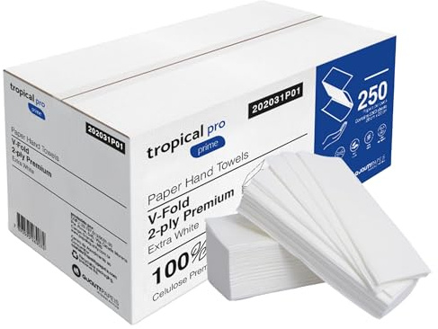 V-Fold Paper Hand Towels, 2-Ply, 3750 Sheets (15 x 250) – High Absorbency Disposable Towels for Washrooms & Kitchens. Tropical Pro Prime