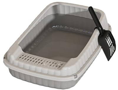 Offene Katzentoilette mit Schaufel, 48x32cm Katzen klo ohne Deckel, Katzenklo offen hoher Rand, Cat Litter Box, Katzen klo, für Kätzchen (Grau)