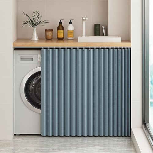 YSZBD Cortinas para armarios, cortinas para estantes de muebles de cocina, cortinas cortas para colocar debajo del fregadero con barra autoadhesiva, impermeables/antipolvo, color azul, 70 cm de altura