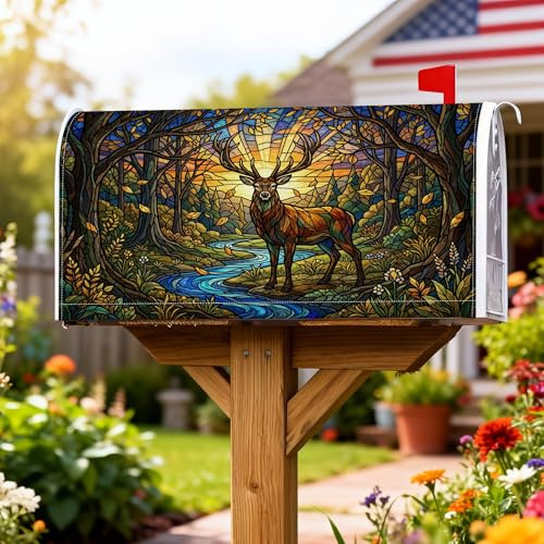 Magnetische Briefkastenabdeckungen mit Hirsch, Natur, rustikal, Flussbäume, Herbstgrün, Briefkasten-Dekorationen für den Außenbereich, Gartendekoration, 53,3 x 65,5 cm