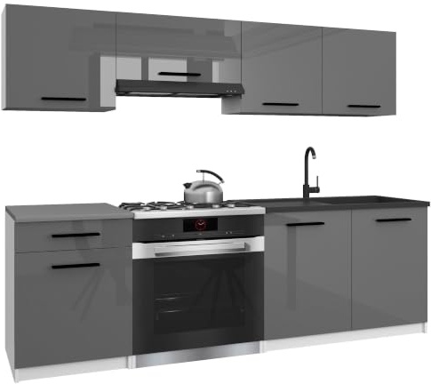 Belini Italia 1 Küchenzeile Küchenblock 180cm Grau Hochglanz | Küchenset als gerade Küchenzeile, weiße Korpusse, DECOR ECONATURA Material, kratzfest, ohne Elektrogeräte, mit Arbeitsplatte