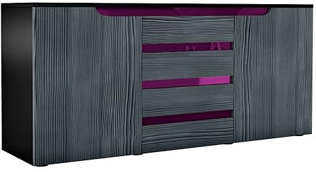 Vladon Sideboard Kommode Sylt V1, Made in Germany, Korpus in Schwarz matt/Front in Avola-Anthrazit mit Absetzungen in Brombeer Hochglanz (139 x 72 x 35)