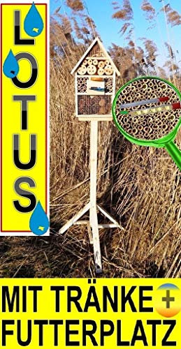 INSEKTENHOTEL,LOTUS-AUSFÜHRUNG (mit wasserabweisender Oberfläche), MIT 2 x SICHTGLAS ca. 8 mm und 11 mm (2 BEOBACHTUNGSRÖHRCHEN aus Glas, mit Zellstoff-Verschluss und Anflughilfe) MIT STÄNDER UND TRÄNKE SD und FUTTERPLATZ, Futterstelle, NEU Holz Nistkasten natur Marienkäfer Schmetterling Gartendeko,Insektenkasten, Insektenhaus, funktionelle Garten Deko passend zum Vogelhaus oder Vogelhäuschen