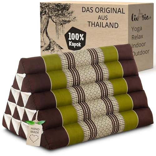 livasia Rückenstützkissen extrahoch - 38x55x35cm - Dreieckskissen für Garten und Balkon, Keilkissen mit Kapok, Lagerungskissen für Beine, handgefertigt, Meditationskissen (Braun/Grün)