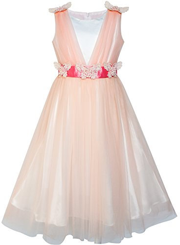 Sunny Fashion Vestito Bambina Fiore Pesca Increspatura Farfalla Nozze Damigella d'Onore 8 Anni