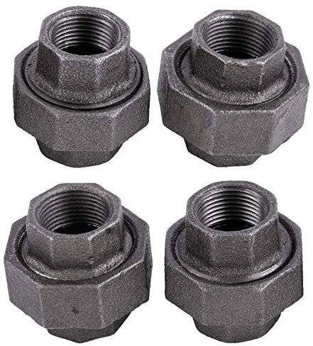 3/4 Inch Union Industrial Malleable Cast Iron Pipe Fitting 4 Pack by Pipe Decor, Pipe Components for Building Tables, Chairs, Shelving, and Custom Furniture, Three Fourth Inches, Four Pack of Unions