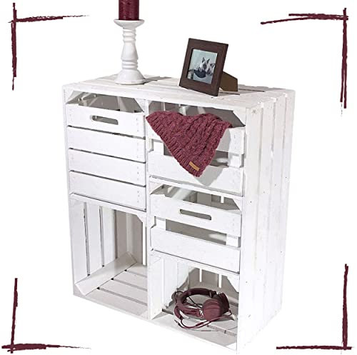Truhenking Großes Vintage Holzregal mit fünf Fächern, Holzkiste neu, 68x35x77cm (Weiß mit Schubladen)