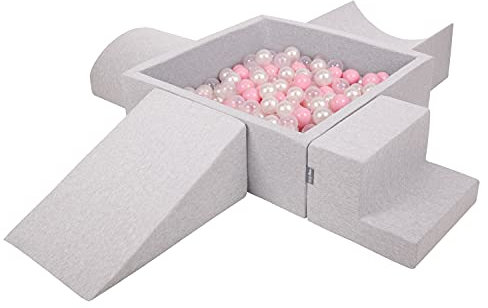 KiddyMoon Spielplatz Aus Schaumstoff Mit Quadrat Bällebad (300 Bälle) Ballgruben Für Babys Spielbad Hindernisläufen, Hergestellt In Der EU, Hellgrau:Puderrosa/Perle/Transparent