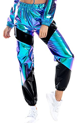 Damen Sporthose Taille Hose Cargohose Jogger Hose Glänzend Metallic Hip Hop Tanzhose mit Taschen Nachtclub Disco Dancewear Casual Streethose Blau-Schwarz Medium