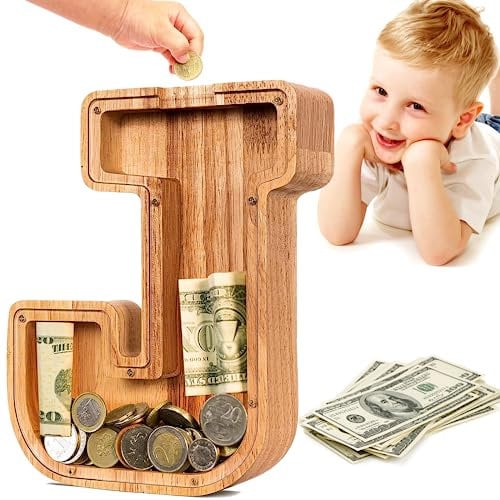 Summidate Spardose für Kinder Junge, Personalisiert Holz Großes Sparschwein, Unzerbrechliches Buchstabe A-Z Sparbüchse für Kinder Mädchen, Erwachsene, Geschenk&Dekoration